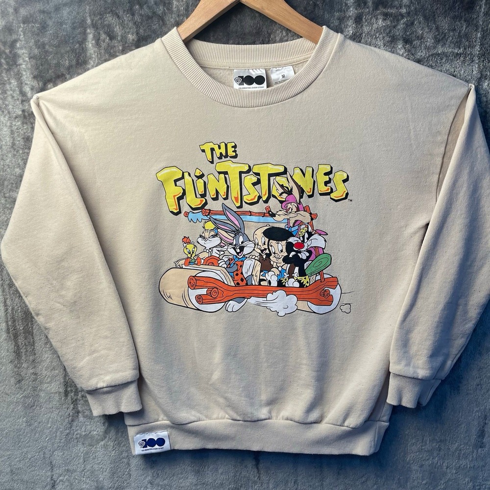 Warner Bros WB 100 Looney Tunes Flintstones Womens M Beige Crewneck Sweatshirt